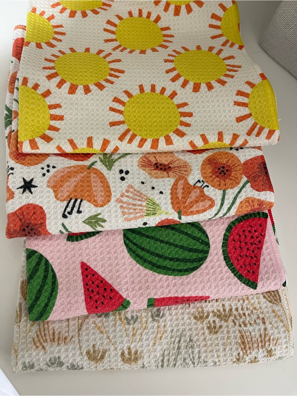 GEOMETRY set of 4 tea towels printed floral flowers watermelons fruit sun
